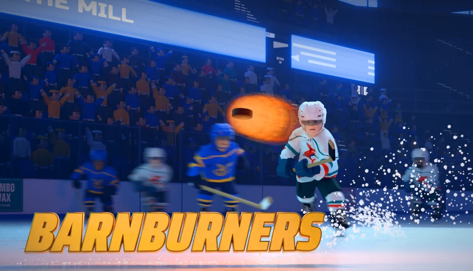Barnburners October key art: a flaming puck between a Miami skater and St. Louis goalie